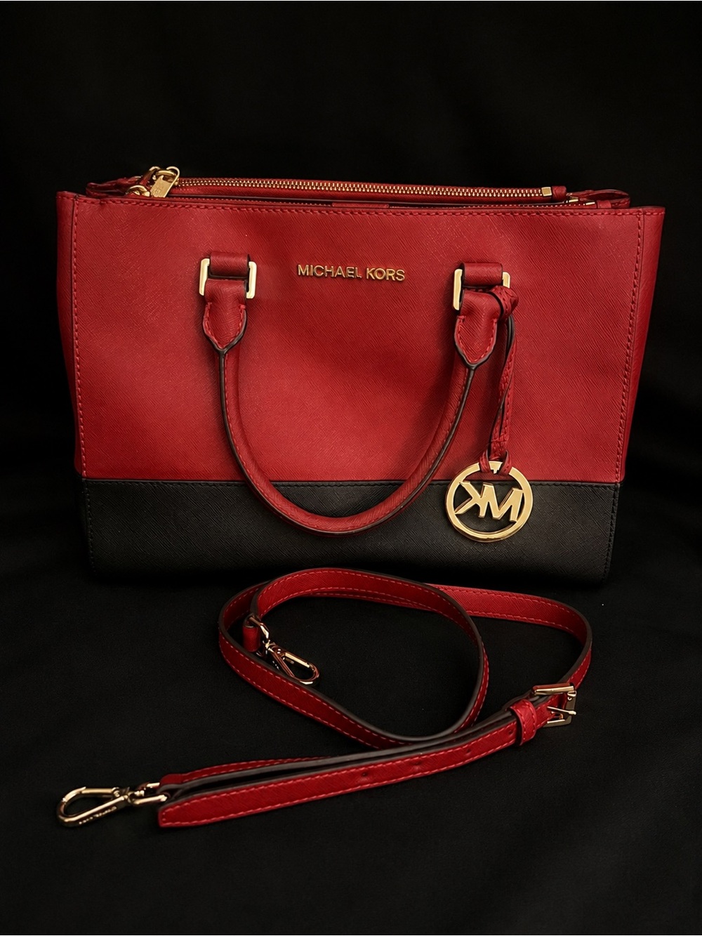 Michael Kors Red and Black Colorblock Saffiano Satchel with Gold Hardware